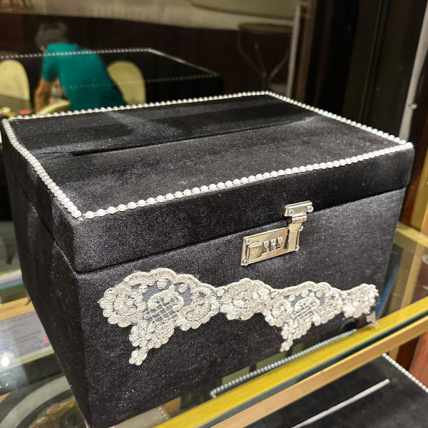 Black Velvet Jewelry Box with Lace and Lock