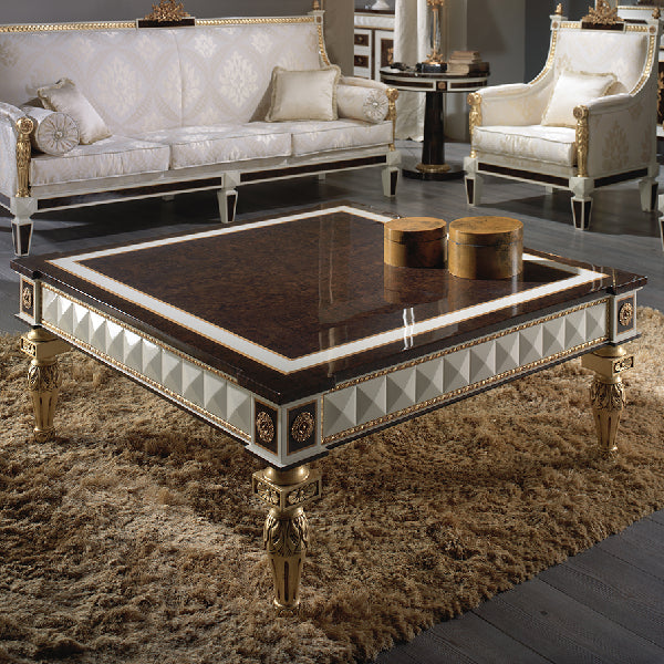 Sophisticated Square Coffee Table with Luxurious Wood Finish and Elegant Gold Accents