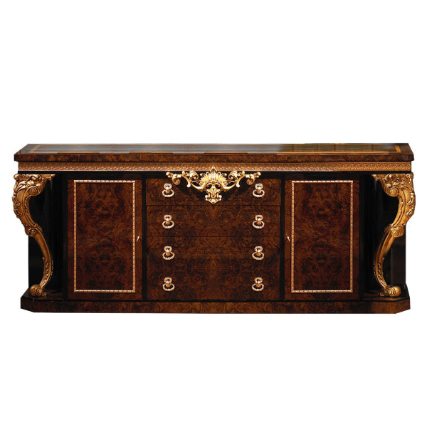 Opulent Brown Sideboard with Gold Accents and Intricate Carvings