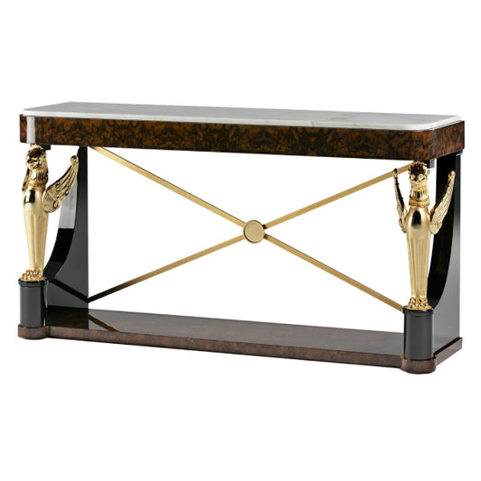 Striking Console Table with Winged Figure Accents and Rich Wood Finish