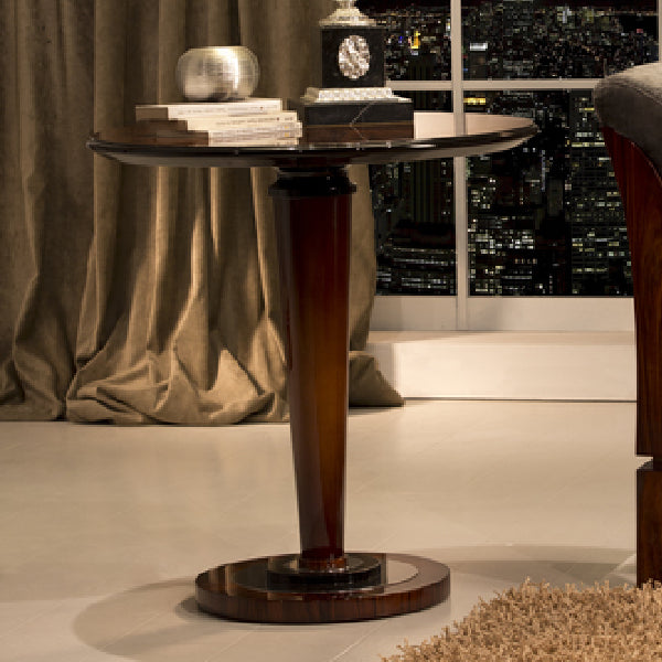 Elegant Round Side Table with Wood and Glossy Accents