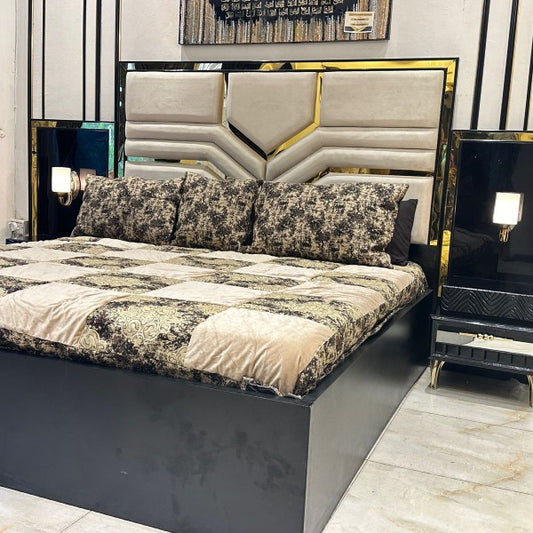 Stylish Bed with Mirrored Nightstands