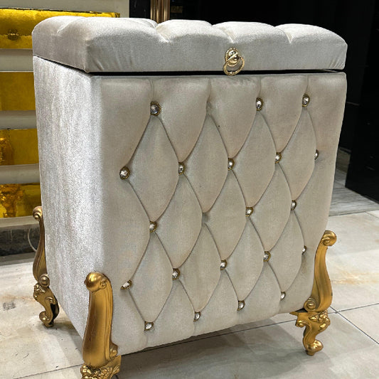 Velvet Storage Ottoman with Gold Accents and Crystal Buttons