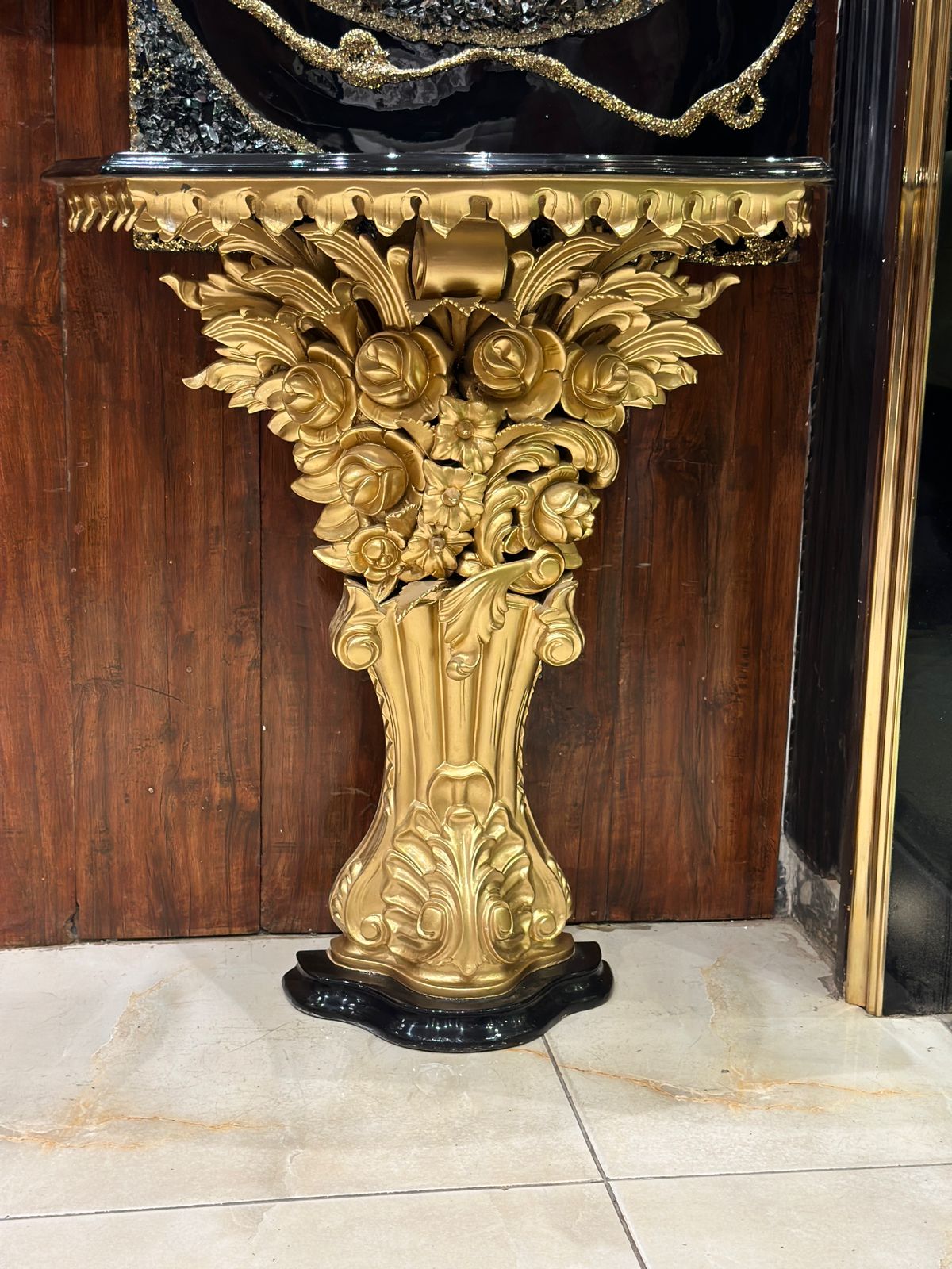 Opulent Gold Console Table with Black Marble Top