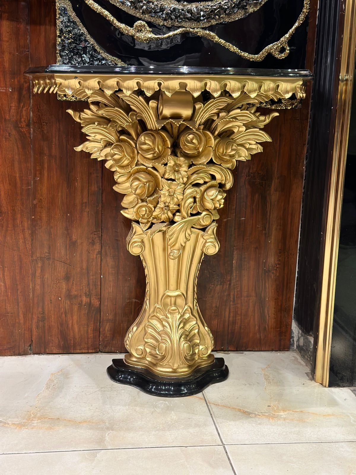 Opulent Gold Console Table with Black Marble Top