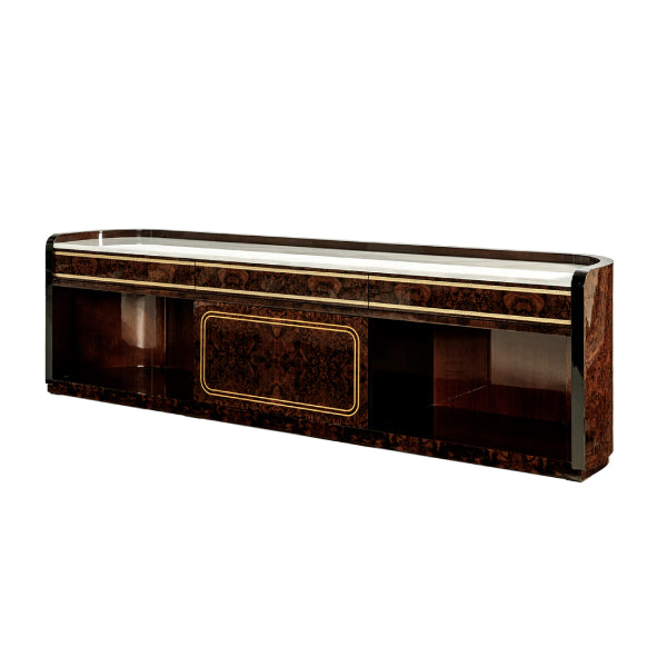 Stylish Long TV Console with Glass Top and Elegant Design