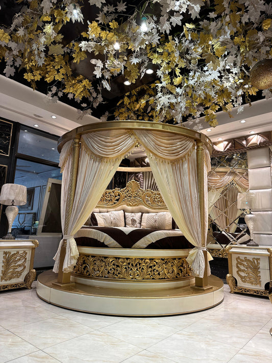 Exquisite Royal Baroque Bedroom Set with Ornate Gold Accents and Elegant Drapery Canopy