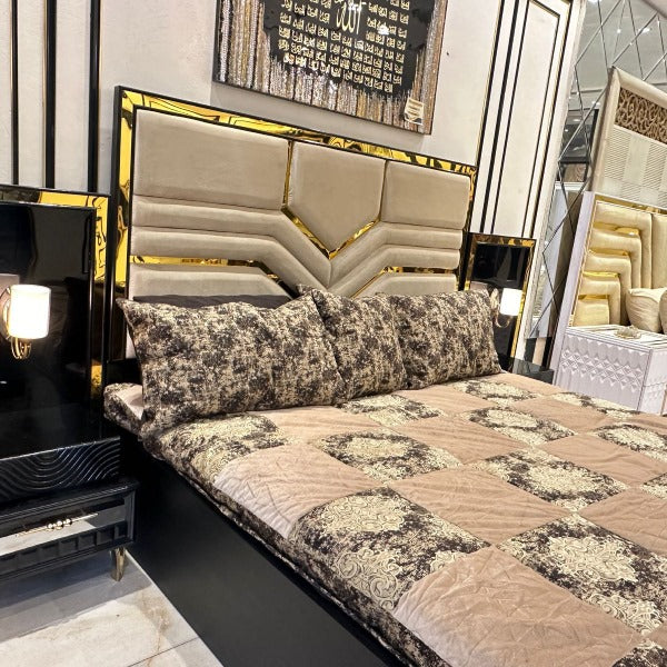 Stylish Bed with Mirrored Nightstands