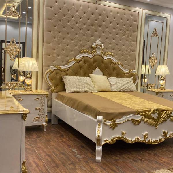 White and Gold Bedroom Set with Upholstered Headboard