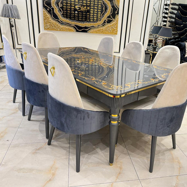 8-Seater High-Gloss Dining Table with Hand-Painted Accents and Solid Wood Base