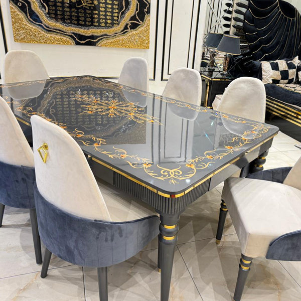 8-Seater High-Gloss Dining Table with Hand-Painted Accents and Solid Wood Base