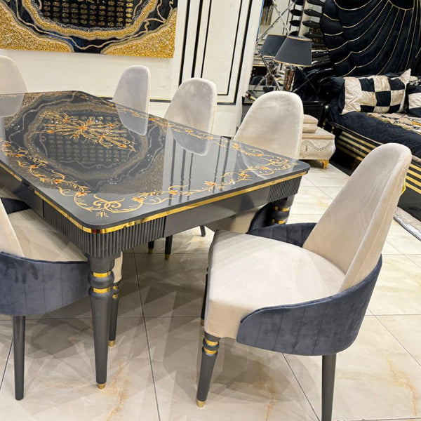 8-Seater High-Gloss Dining Table with Hand-Painted Accents and Solid Wood Base