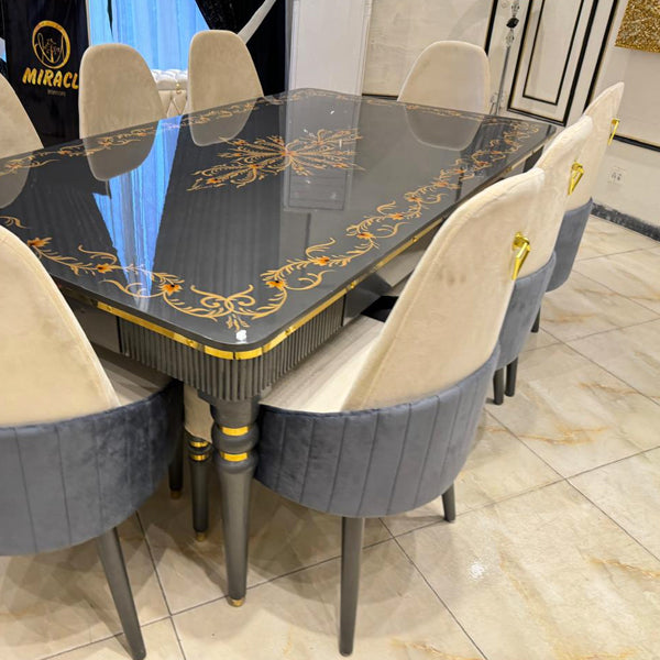 8-Seater High-Gloss Dining Table with Hand-Painted Accents and Solid Wood Base