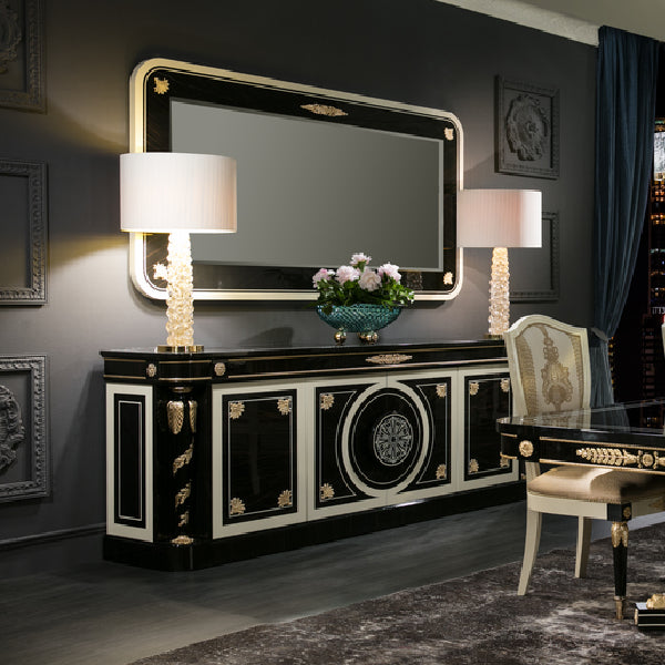 Elegant Black and Gold Sideboard with Intricate Detailing