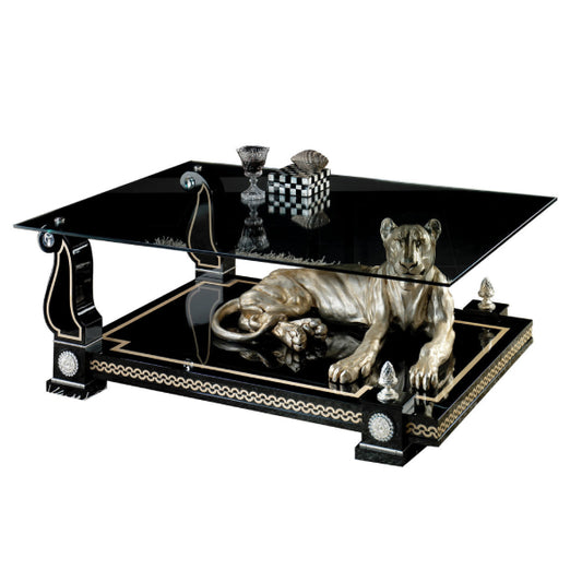 Artistic Coffee Table with Glass Top and Sculptural Lion Design