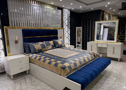 Zehra Love Premium – Blue & Gold Luxury Bedroom Set | King Bed with Ottoman, Dresser & Side Tables
