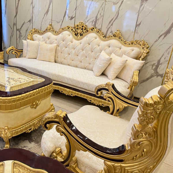 10-Seater Italian Hand-Made Wooden Sofa with Classical Design and Gold Accents