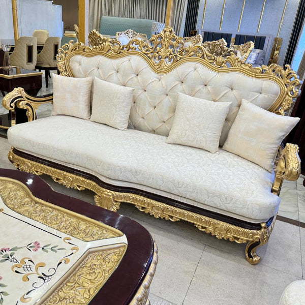 10-Seater Italian Hand-Made Wooden Sofa with Classical Design and Gold Accents