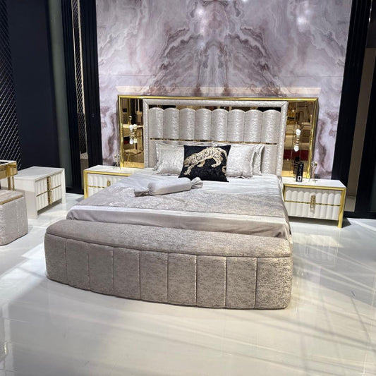 Luxury Upholstered Bedroom Set with Mirrored Wardrobe and Gold Accents