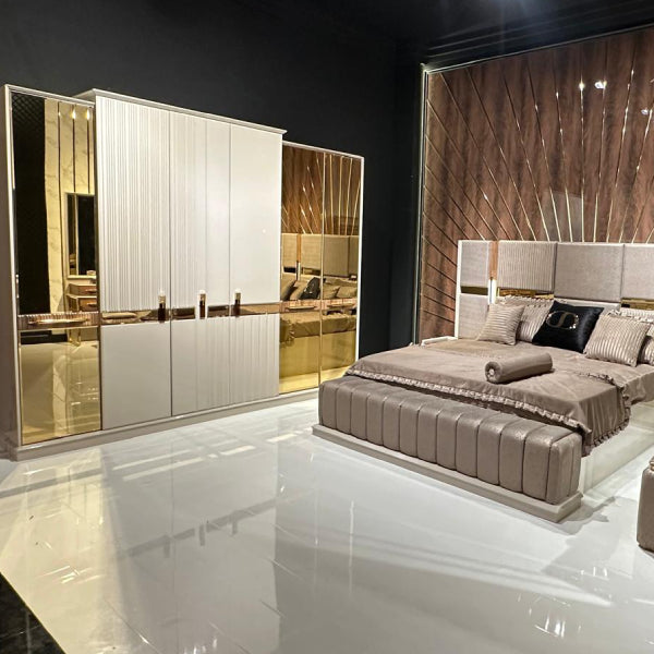 Modern Upholstered Bedroom Set with Mirrored Doors and Gold Accents