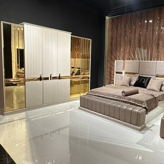 Modern Upholstered Bedroom Set with Mirrored Doors and Gold Accents