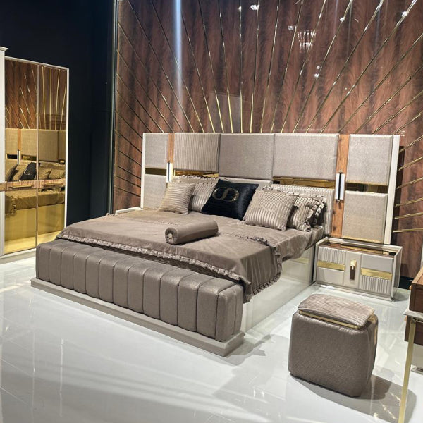 Modern Upholstered Bedroom Set with Mirrored Doors and Gold Accents