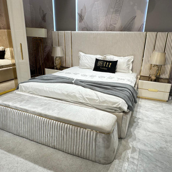 Plush Bed Frame: Luxurious headboard with textured detailing