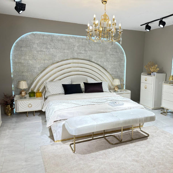 Luxurious Modern Bedroom Set with Elegant Curved Headboard and Glam Accents