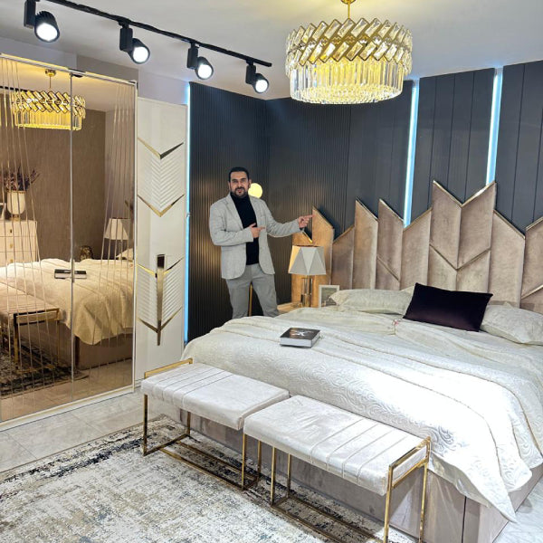 Elegant Modern Bedroom Set with Mirrored Wardrobe and Stylish Lighting