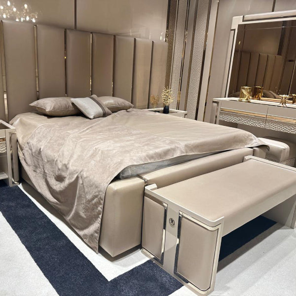 Luxurious Beige Upholstered Bedroom Set with Elegant Gold Accents and Modern Design