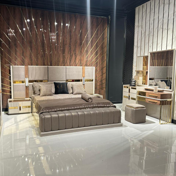 Modern Upholstered Bedroom Set with Mirrored Doors and Gold Accents