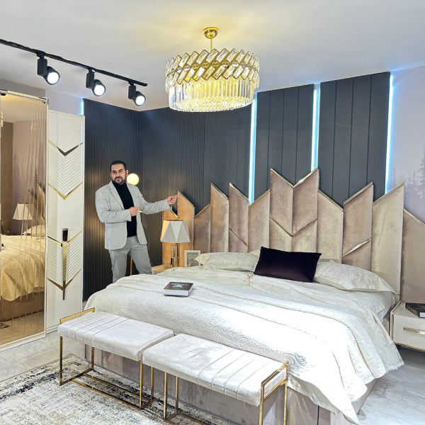 Elegant Modern Bedroom Set with Mirrored Wardrobe and Stylish Lighting