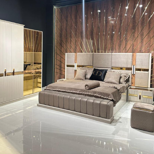 Modern Upholstered Bedroom Set with Mirrored Doors and Gold Accents