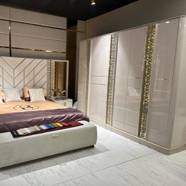 Sophisticated Modern Bedroom Set with Textured Headboard and Elegant Gold Accents