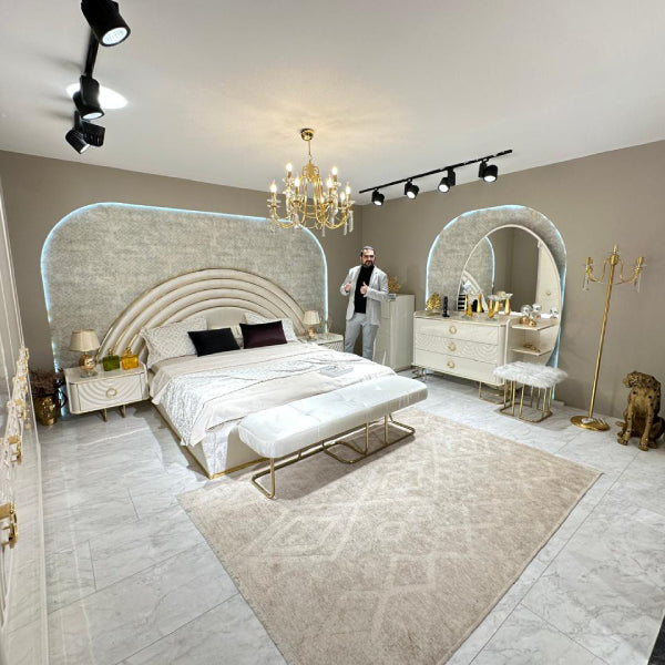 Luxurious Modern Bedroom Set with Elegant Curved Headboard and Glam Accents