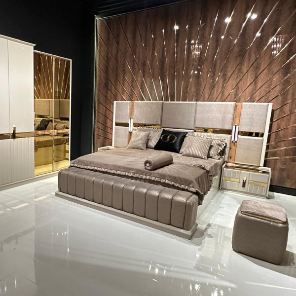 Modern Upholstered Bedroom Set with Mirrored Doors and Gold Accents