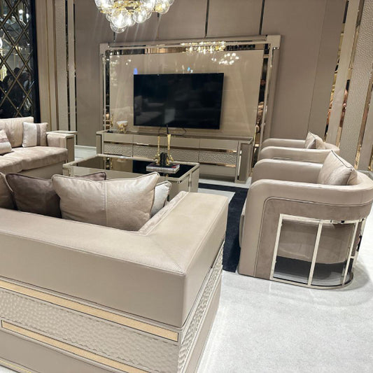 Elegant Contemporary Beige Living Room Set with Textured Accents and Sophisticated Design