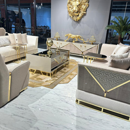 Luxury Beige and Gold Living Room Furniture Set with Marble Accents and Elegant Detailing