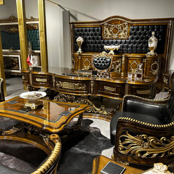 Presidential Office Furniture Set with Leather Sofas and Gold Accents