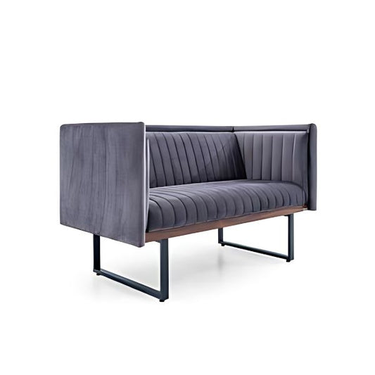 Stylish Comfort: The Gray Ribbed Sofa with Wooden and Metal Accents