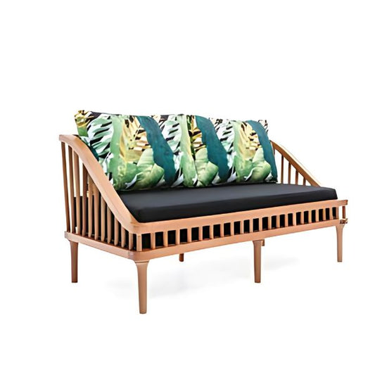 Tropical-Inspired Sofa with Black Cushions and Leafy Accent Pillows