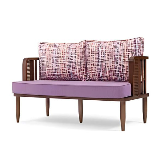 Vibrant Seating: The Purple Upholstered Sofa with Colorful Back Cushions