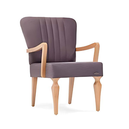 Vintage Charm: The Purple Upholstered Accent Chair with Wooden Armrests