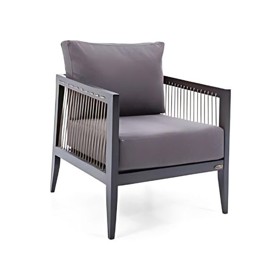 Contemporary Comfort: The Gray Upholstered Accent Chair with Wooden Frame and Rope Detailing