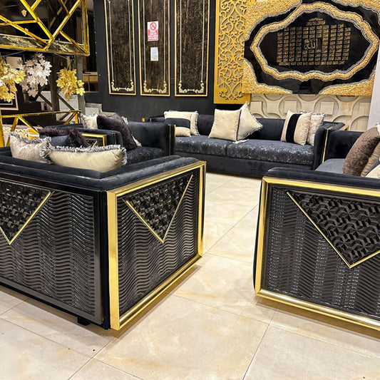 Luxurious Living: Sumptuous 3+3+1+1 Seater Velvet Sofa Set with Golden Embellishments