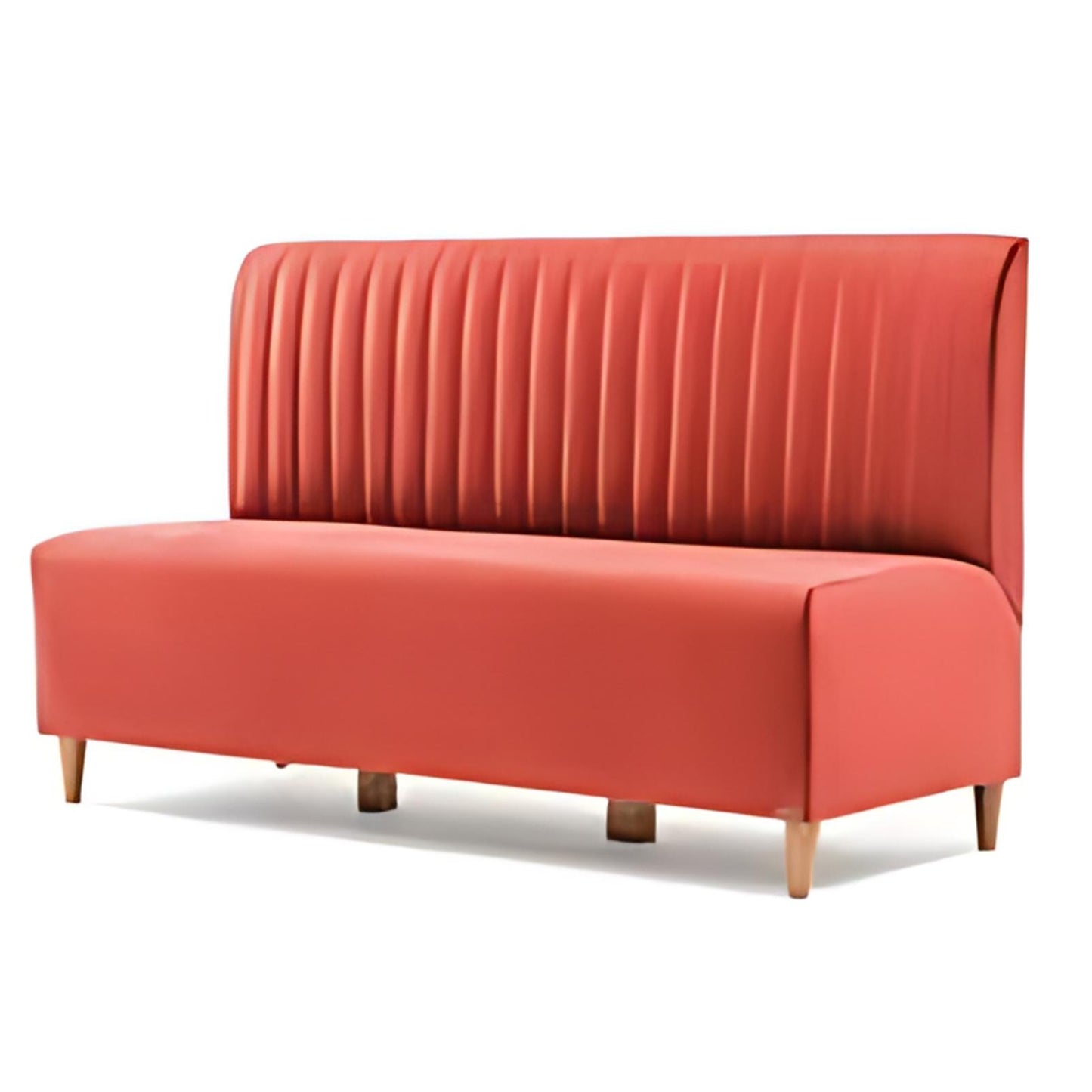 Bold Elegance: The Coral Ribbed Sofa with Wooden Legs