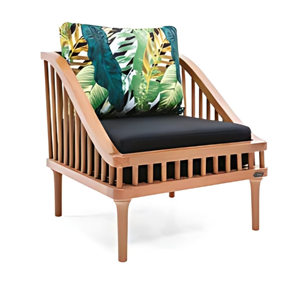 Tropical Escape: The Wooden Accent Chair with Bold Floral Cushion