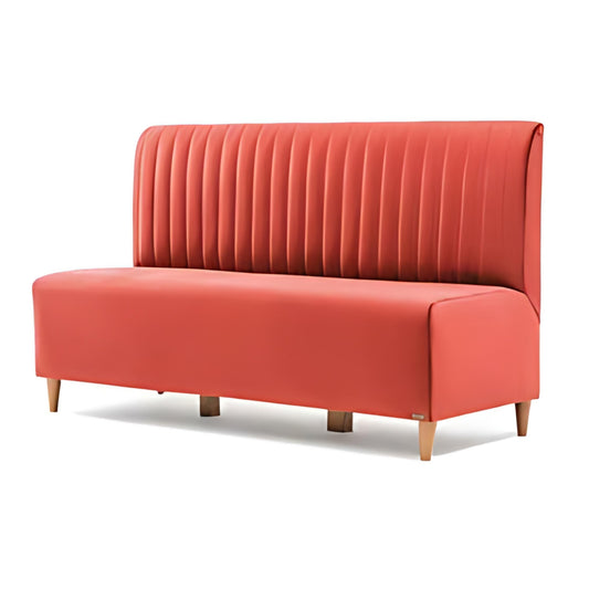 Bold Elegance: The Coral Ribbed Sofa with Wooden Legs