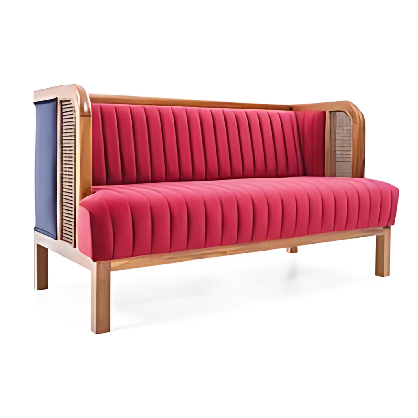 Vibrant Fusion: The Red Ribbed Sofa with Wooden and Woven Accents