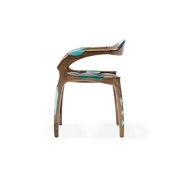 Unique Wooden Armchair with Turquoise Epoxy and Black Leather